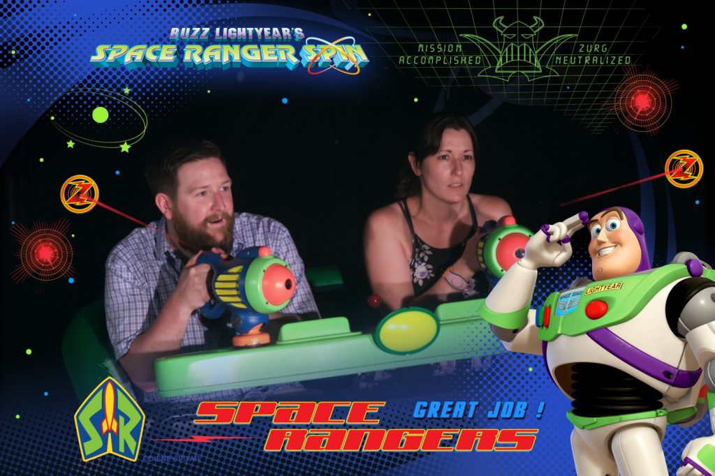 Buzz Lightyear's Space Ranger Spin On-Ride Photo of Ryan and Lauren