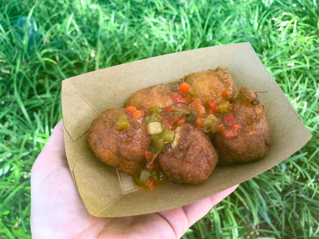 Sweet Corn Fritter with Fresno and Red Pepper Jelly from the Donut Box booth at Epcot Food & Wine Festival